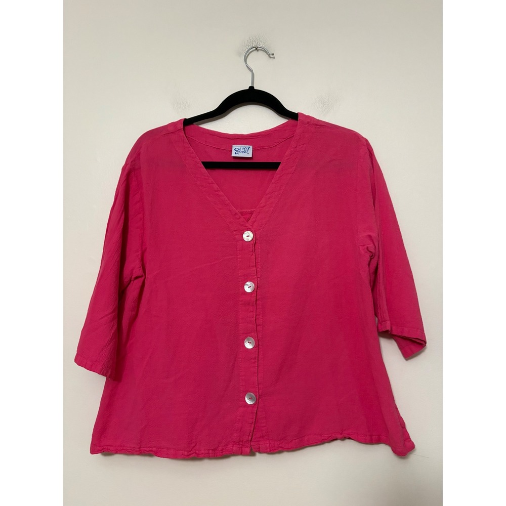 Oh My Gauze! Women Hot Pink Cotton Crinkle Gauze Button Up V-Neck Top Size G L